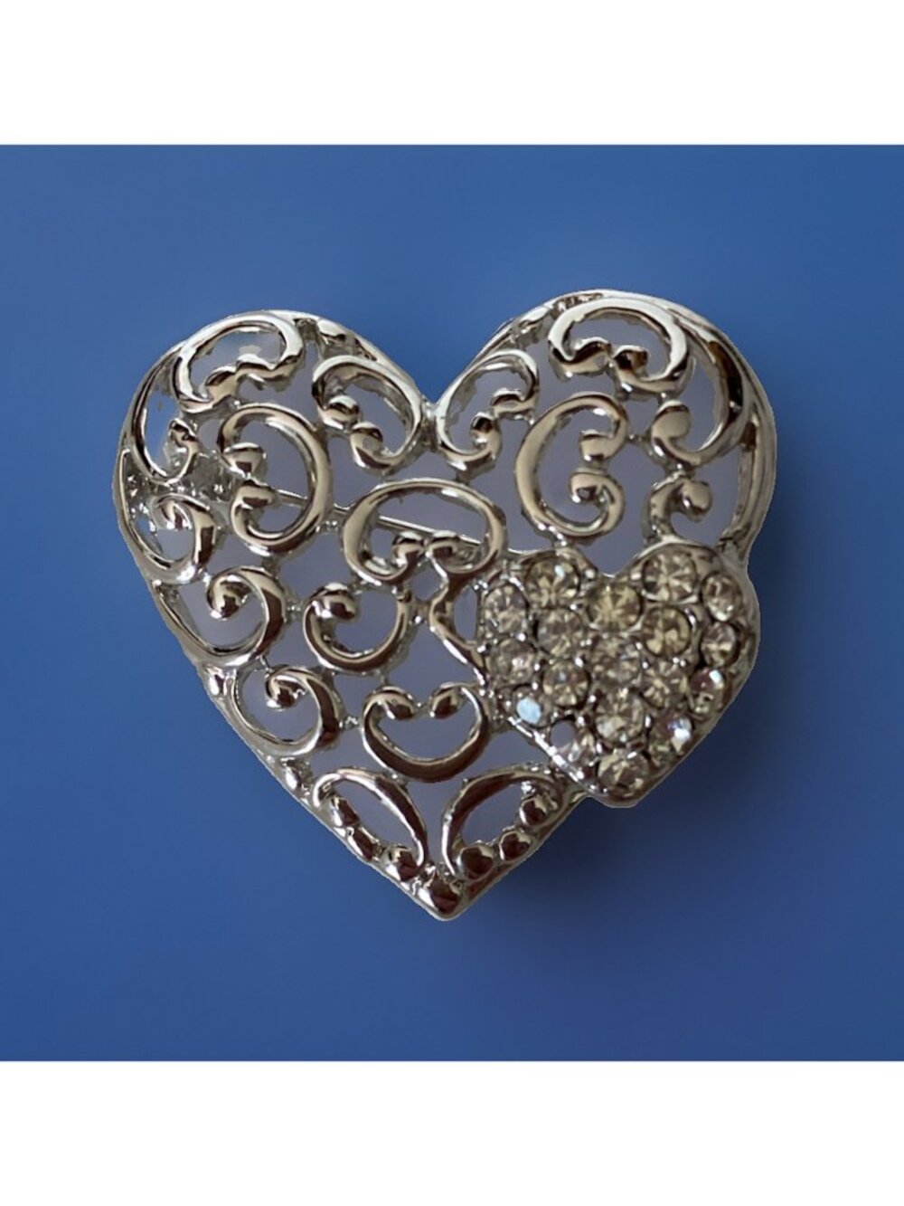 Vtg Monet Silver Tone Open Filigree Heart Rhinestone Brooch Pin Unsigned